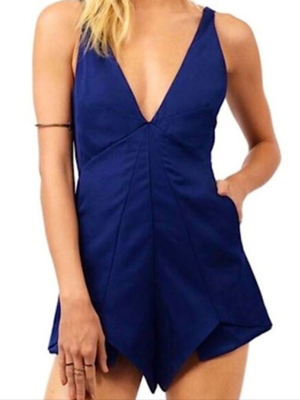 Revolve Still Night Playsuit Navy Sleeveless V-Neck Romper Buckle Back